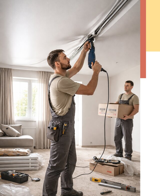 Монтаж сатинового натяжного потолка в Камне-на-Оби от 3553 руб. | Быстро, недорого — ОТДЕЛОЧНИК-Кно