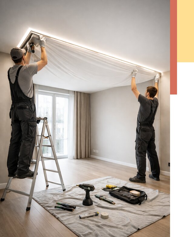 Монтаж парящего натяжного потолка в Камне-на-Оби от 4568 руб. быстро и недорого | ОТДЕЛОЧНИК-Кно