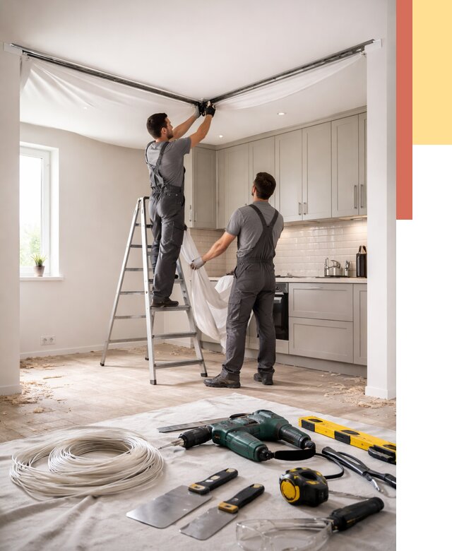 Установка натяжного потолка на кухне в Камне-на-Оби от 2436 руб. | ОТДЕЛОЧНИК-Кно