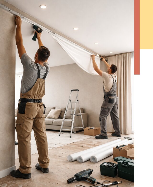 Монтаж натяжного потолка в гостиной в Камне-на-Оби от 558 руб. | ОТДЕЛОЧНИК-Кно